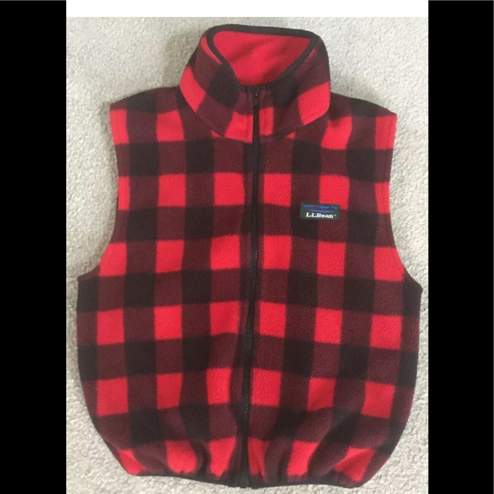LL Bean Kids Red Black Plaid Fleece Vest Jacket